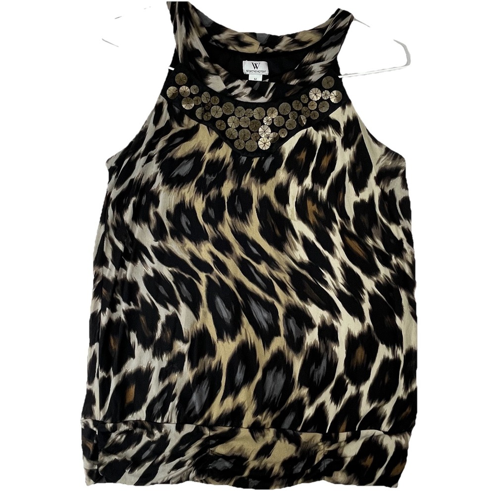 Worthington Leopard Print Sleeveless Blouse Women Medium Studded Top